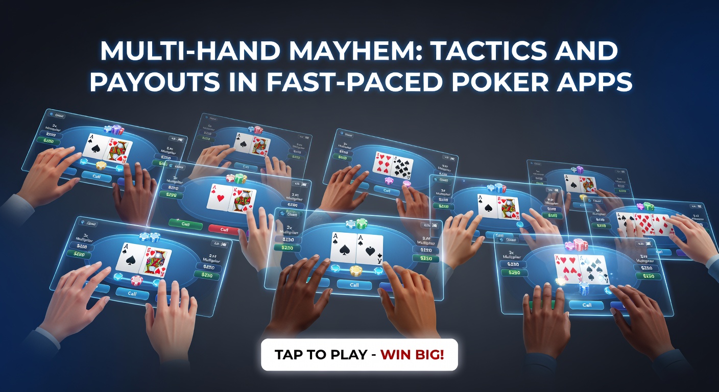 Dynamisches Interface einer Multi-Hand-Poker-App mit mehreren gleichzeitigen Händen auf dem Bildschirm, das die Hektik des Spiels einfängt