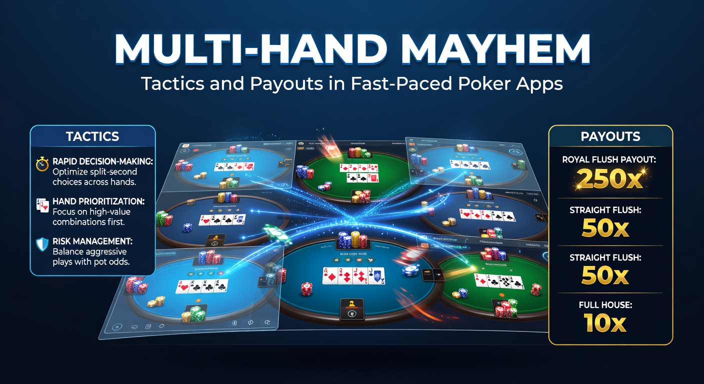 Nahaufnahme einer Auszahlungstabelle in einer Poker-App, die Multi-Hand-Payouts mit RTP-Werten und Jackpot-Details zeigt