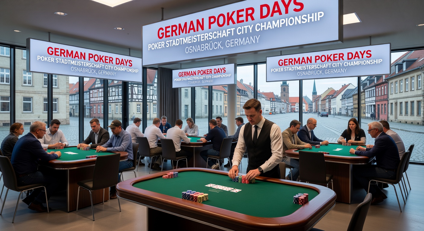 Gruppe von Poker-Spielern beim Turnier in einer deutschen Stadt, mit Turniertrophäe im Hintergrund