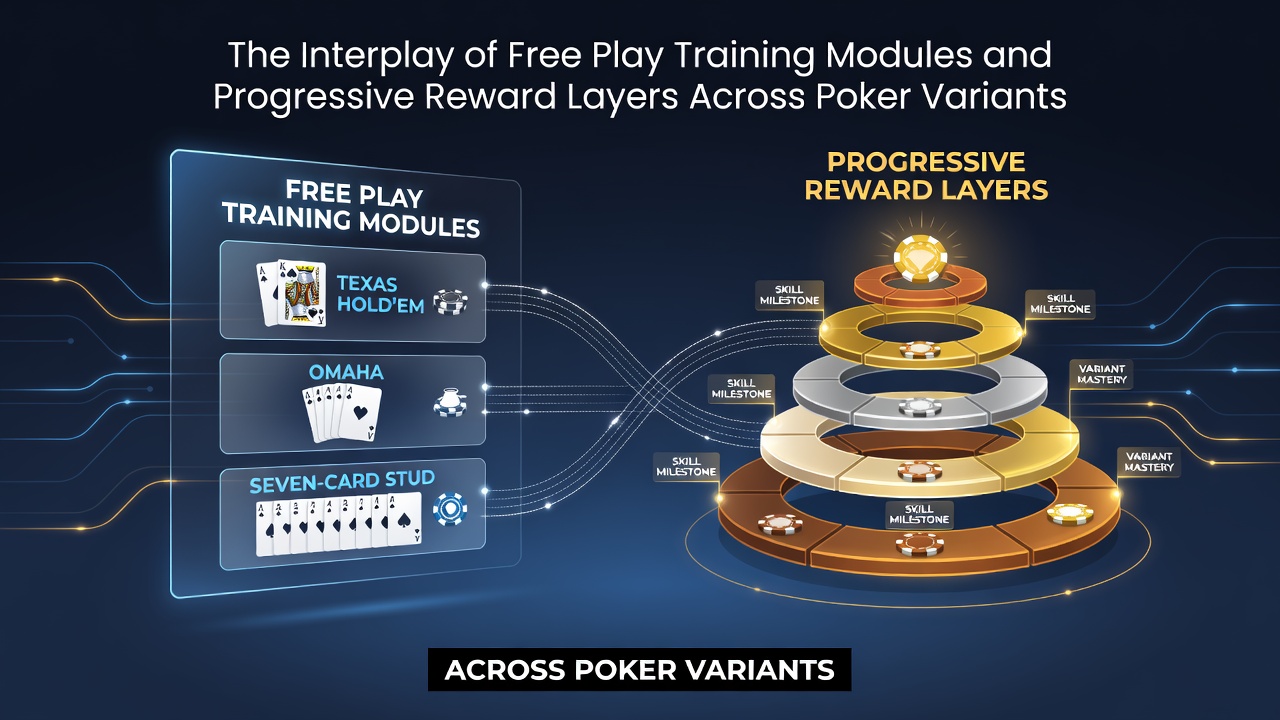 Visualisierung von Trainingsmodulen und Belohnungsschichten in verschiedenen Poker-Varianten